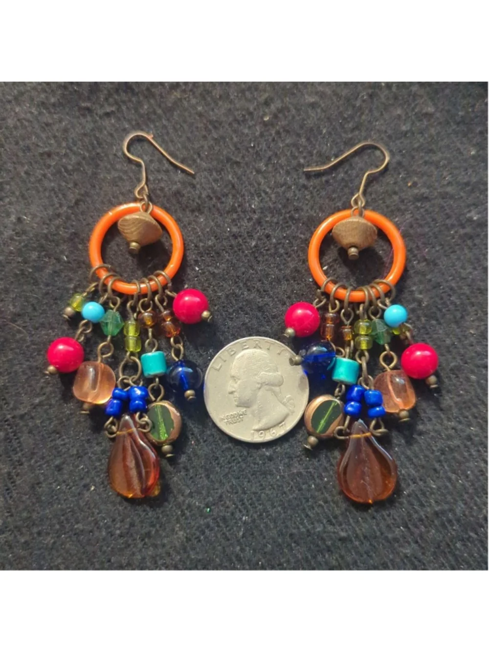Brass Tone Orange Hoop Multi Color Beaded Dangle Statement Earrings